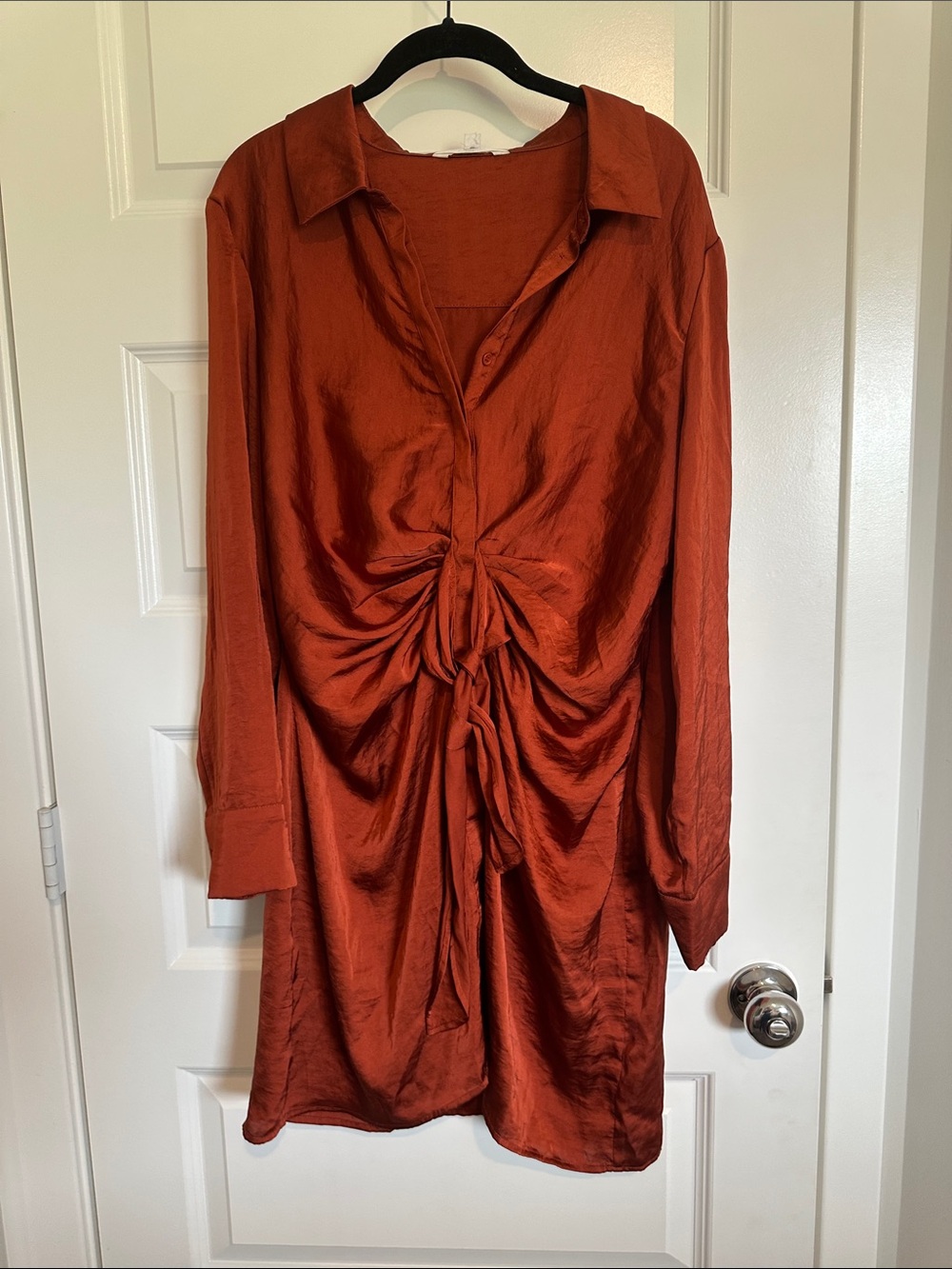 BB Dakota by Steve Madden Rust Satin Ruched Long Sleeve Shirt Dress